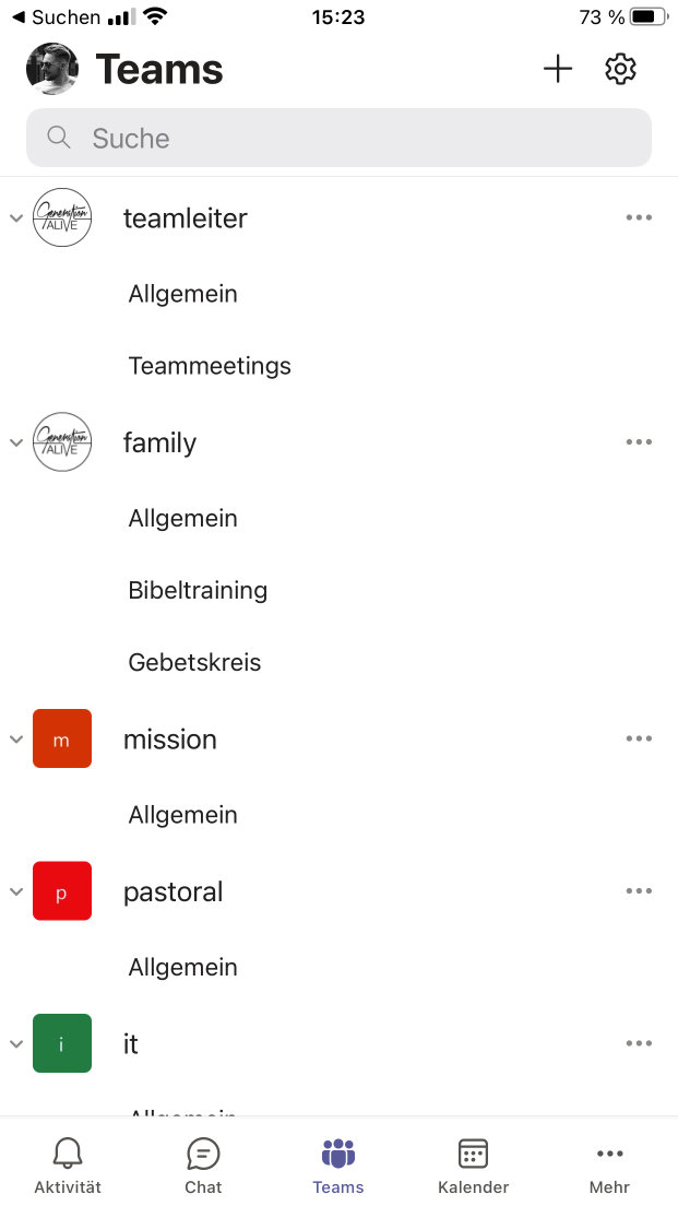 Screenshot der Teamsübersicht